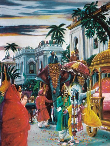 When Lord Krsna was departing from the palace in Hastinapura, to honor Him the residents played various types of instruments